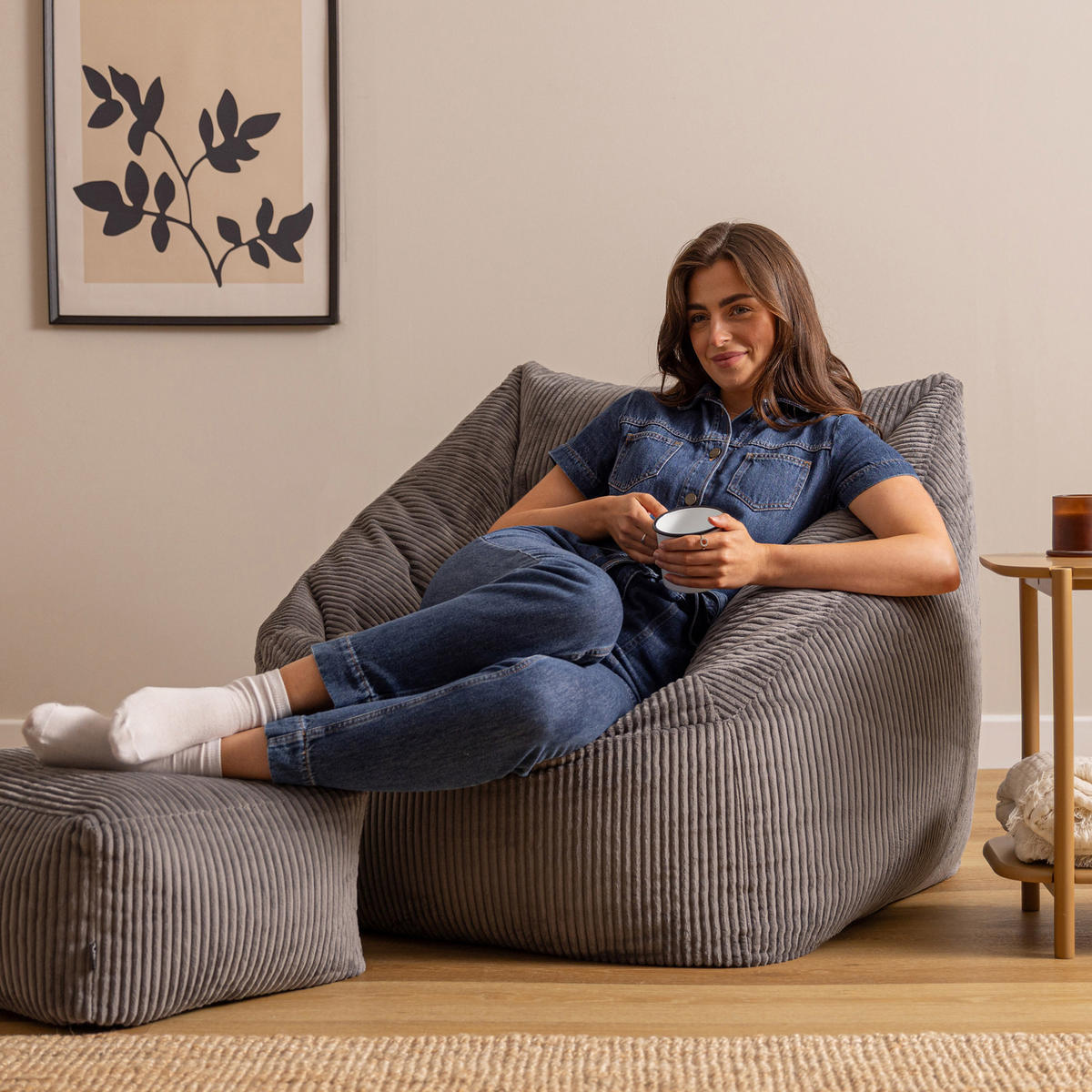 SITZSACK Cord Sessel Natalia mit Hocker - Grau, Textil (97/73/84cm) - icon