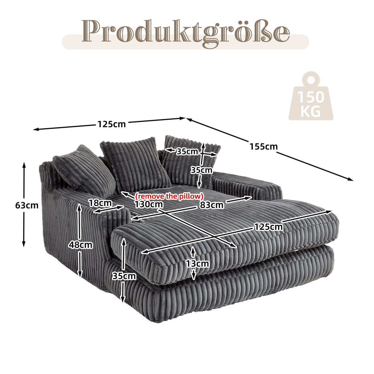BIGSOFA 125/155/63 cm in Cord Dunkelgrau mit Chaiselongue - Dunkelgrau, Textil (63/125/155cm) - BEAOK