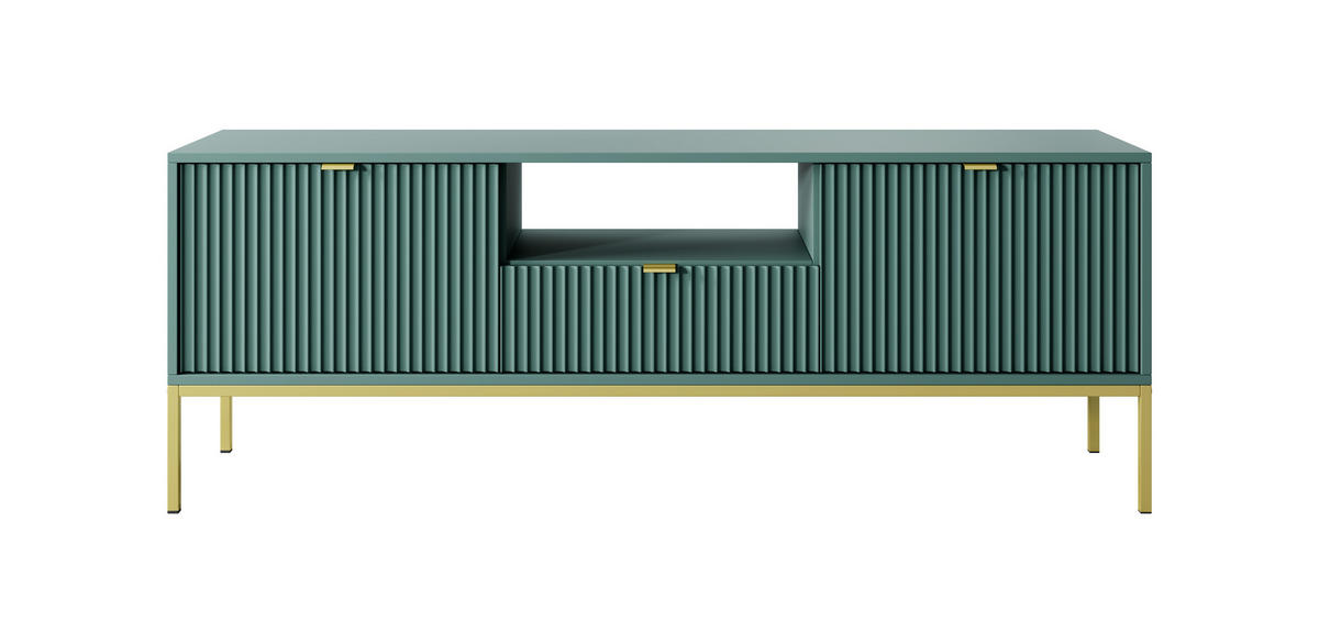 TV-SCHRANK NOVA Geriffelt Regal, 2 Türen, Schublade, Goldene Beine, 154x39x56cm, Labrador - Türkis/Goldfarben, Holzwerkstoff/Kunststoff (154/56/39cm) - DomoHome
