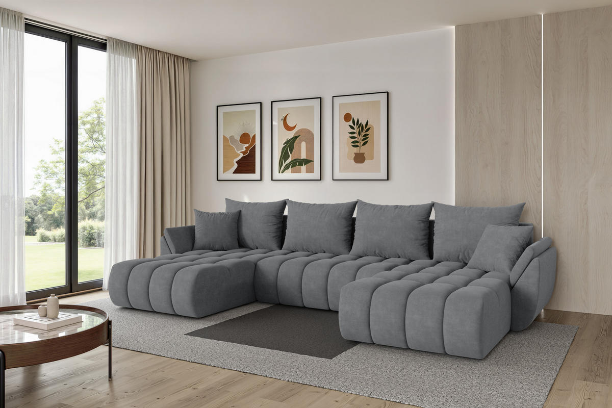 SEDACÍ SOUPRAVA DO U s funkcí spaní a úložným prostorem TOKO-U-v1 378x194x86 šedá velur - černá/šedohnědá, kompozitní dřevo/textil (378/86/194cm) - ALTDECOR