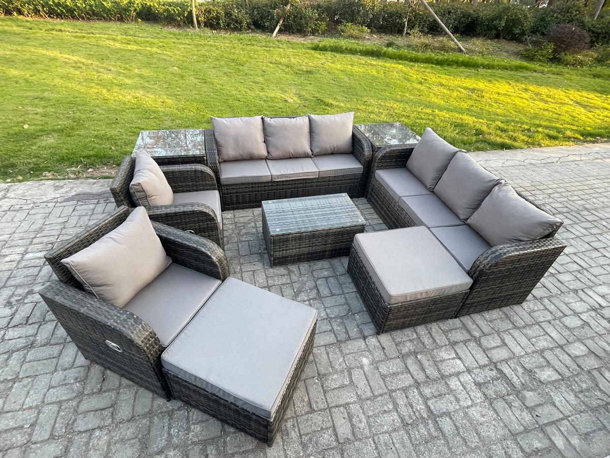 GARTENMÖBEL-SET mit Kissen Polyrattan Dunkelgrau 10-Sitzer - Dunkelgrau/Grau, Glas/Kunststoff - Fimous