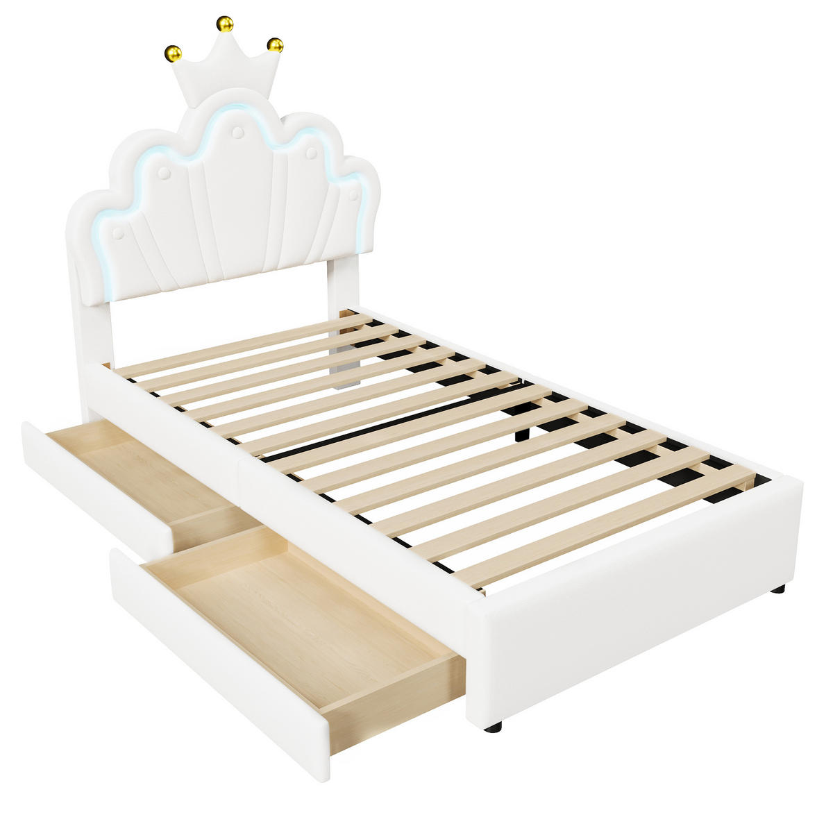 KINDEREINZELBETTEN aus Kunststoff 90x200 cm in Weiß mit LED-Beleuchtung & 2 Schubladen - Weiß, Leder (90/200cm) - Modfu