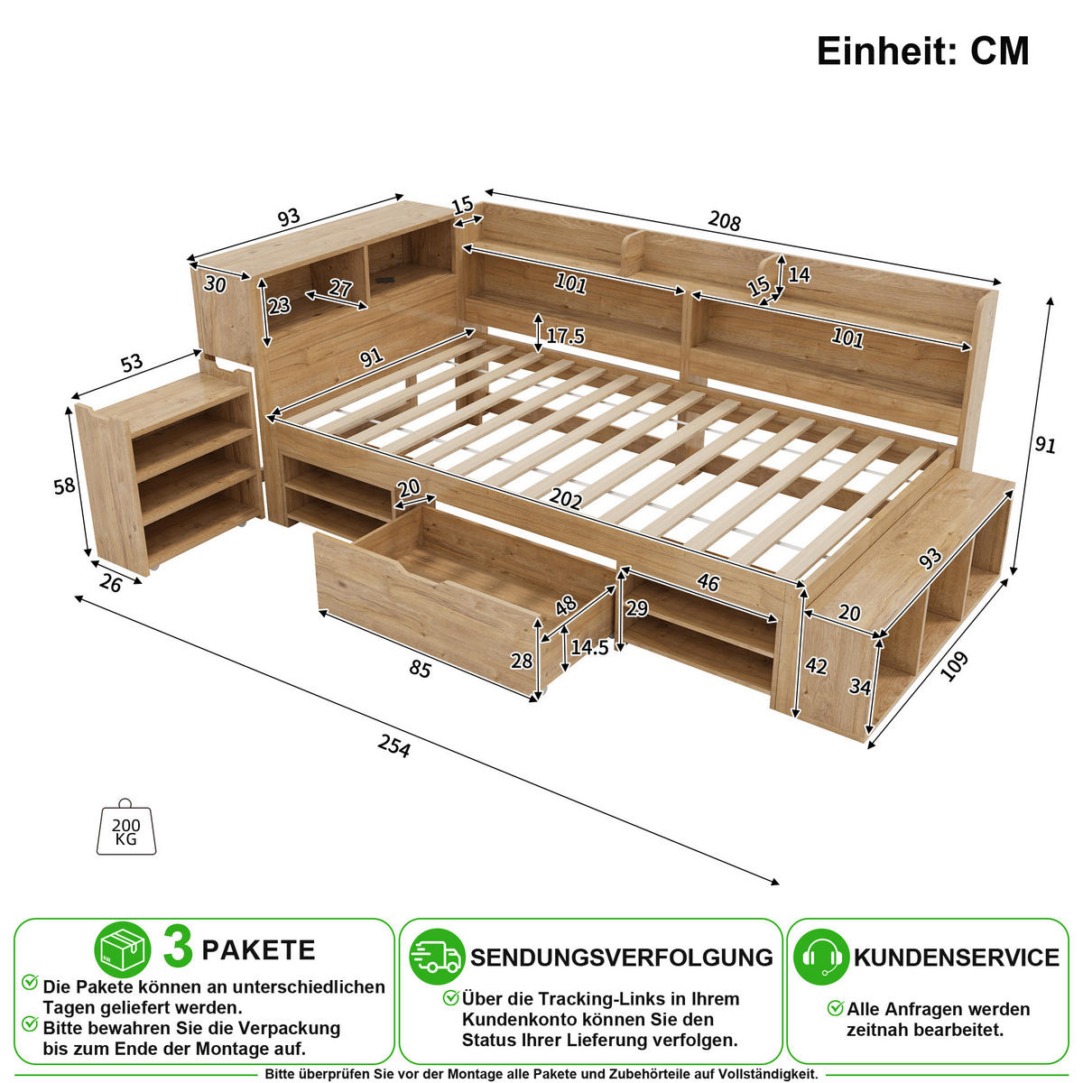 KINDERBETT 90/200 cm in Natur mit Schubladen, Regalen und Stauraum aus Plywood - Naturfarben, Holzwerkstoff (90/200cm) - CHICFURN