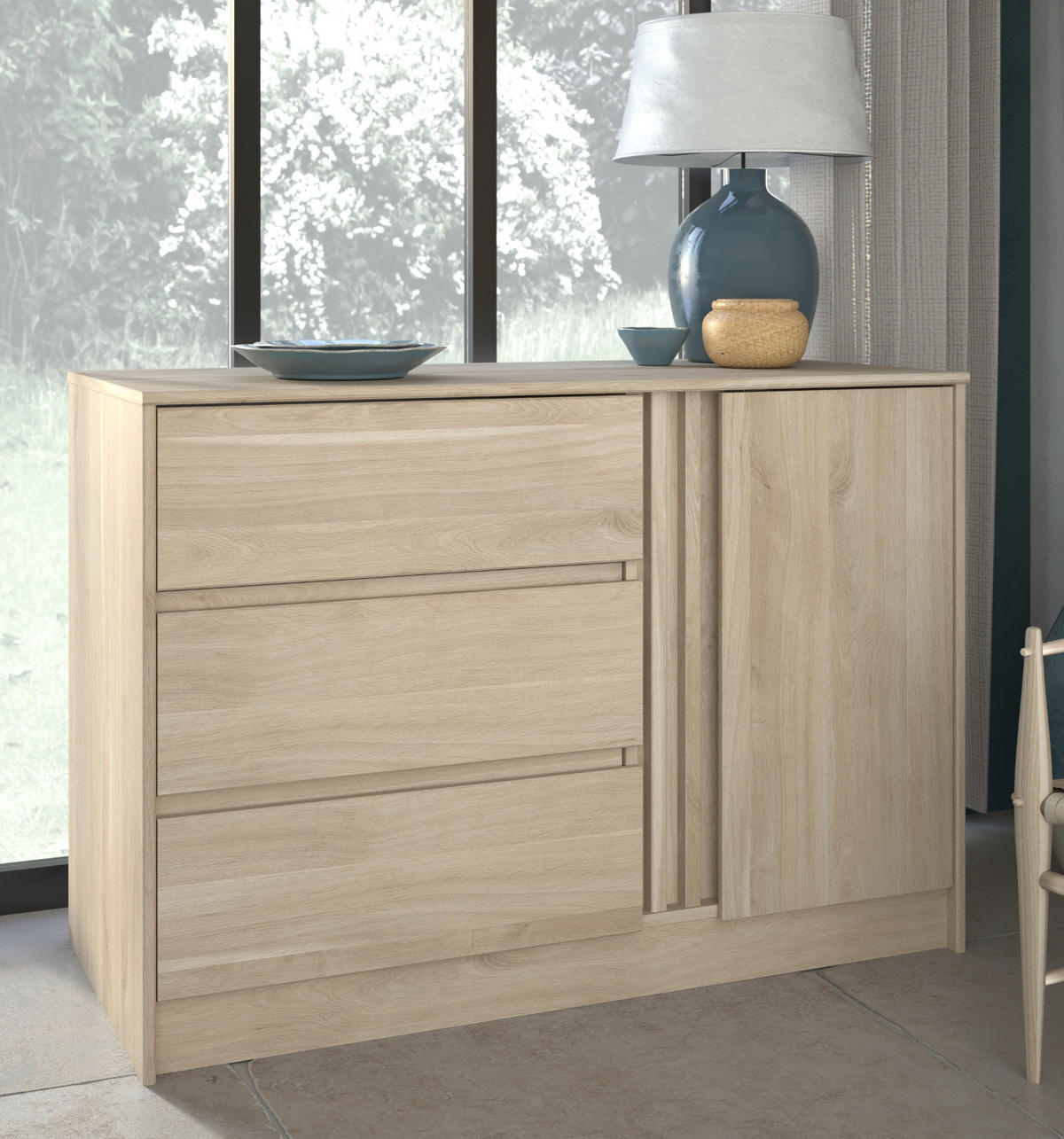 KOMMODE Eiche japanisch 110 cm, Sideboard mit 3 Schubladen - Eichefarben, Holzwerkstoff (110/77/50cm) - Parisot Meuble