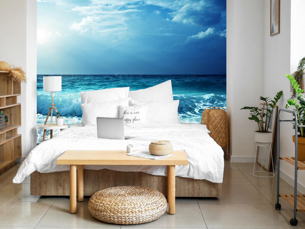 FOTOTAPETE Meer Wellen Strand Landschaft 3D 500x350 - Blau/Beige, Papier (500/350cm) - Muralo