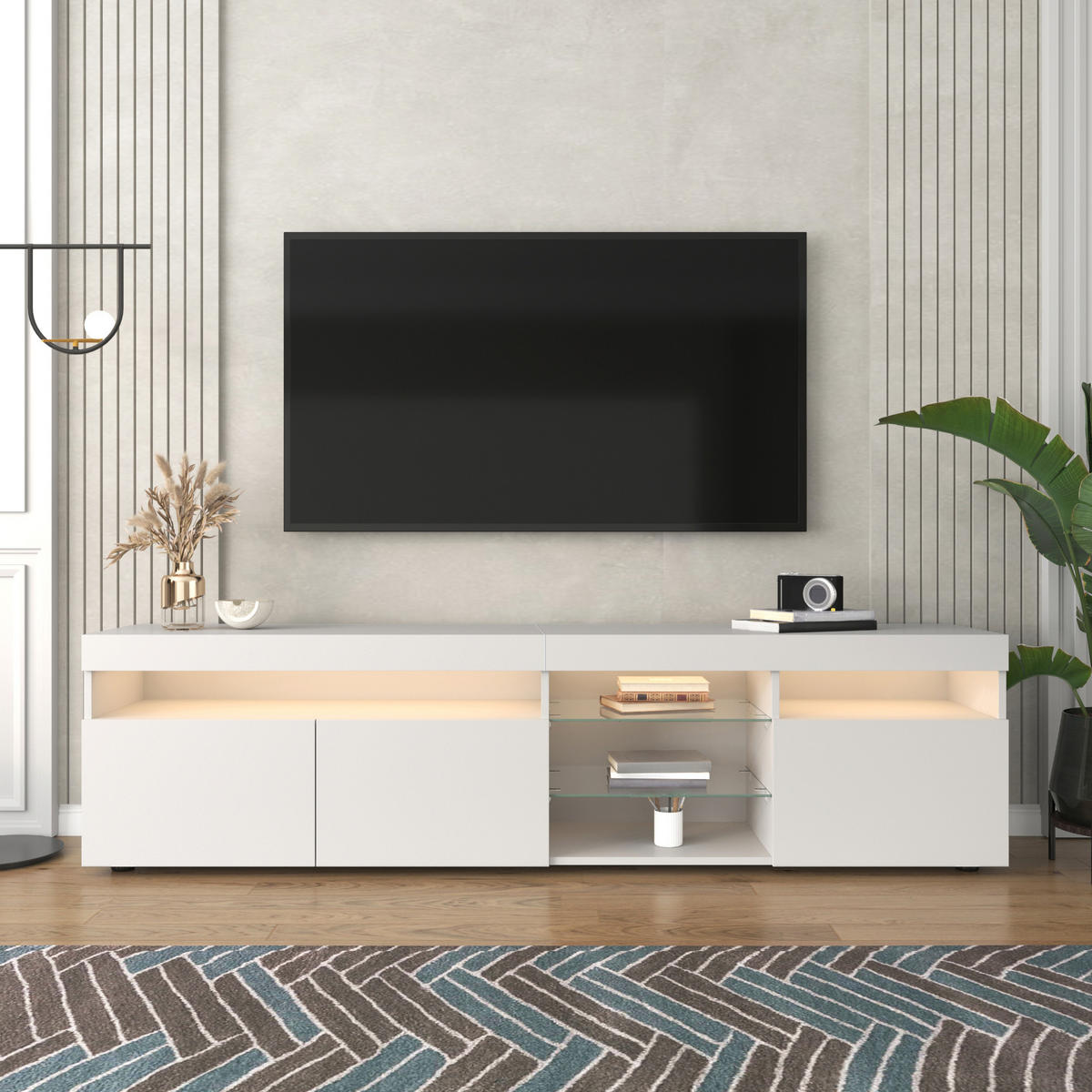 LOWBOARD in Weiß mit LED-Beleuchtung und Stauraum für Wohn- und Esszimmer, B180/T35/H48cm - Weiß, Glas/Holzwerkstoff (180/45/35cm) - STILVORA