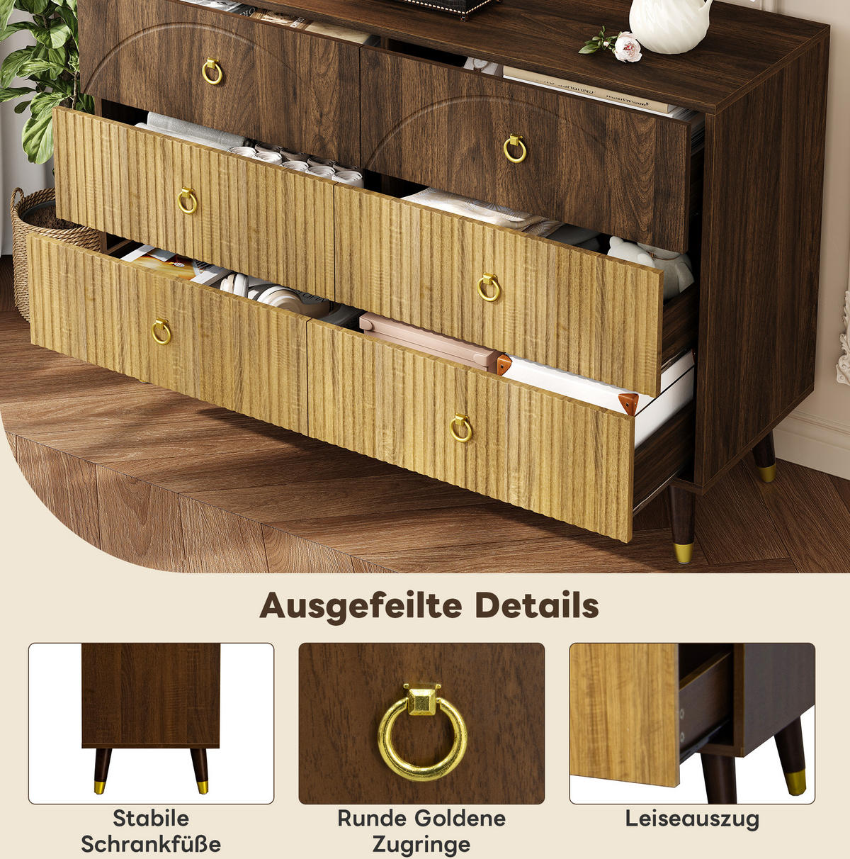 KOMMODEN-SIDEBOARD 120/40/81 cm mit 6 Schubladen im Retro-Look - Naturfarben, Holzwerkstoff (120/81/40cm) - BEAOK