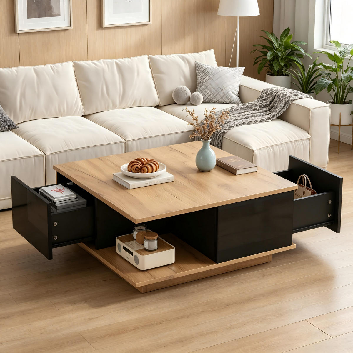 COUCHTISCH 70x70x31.5cm Schwarz Holzfarbe mit 3 Schubl. - Walnussfarben/Schwarz, Holzwerkstoff (70/70/31.5cm) - FLIEKS