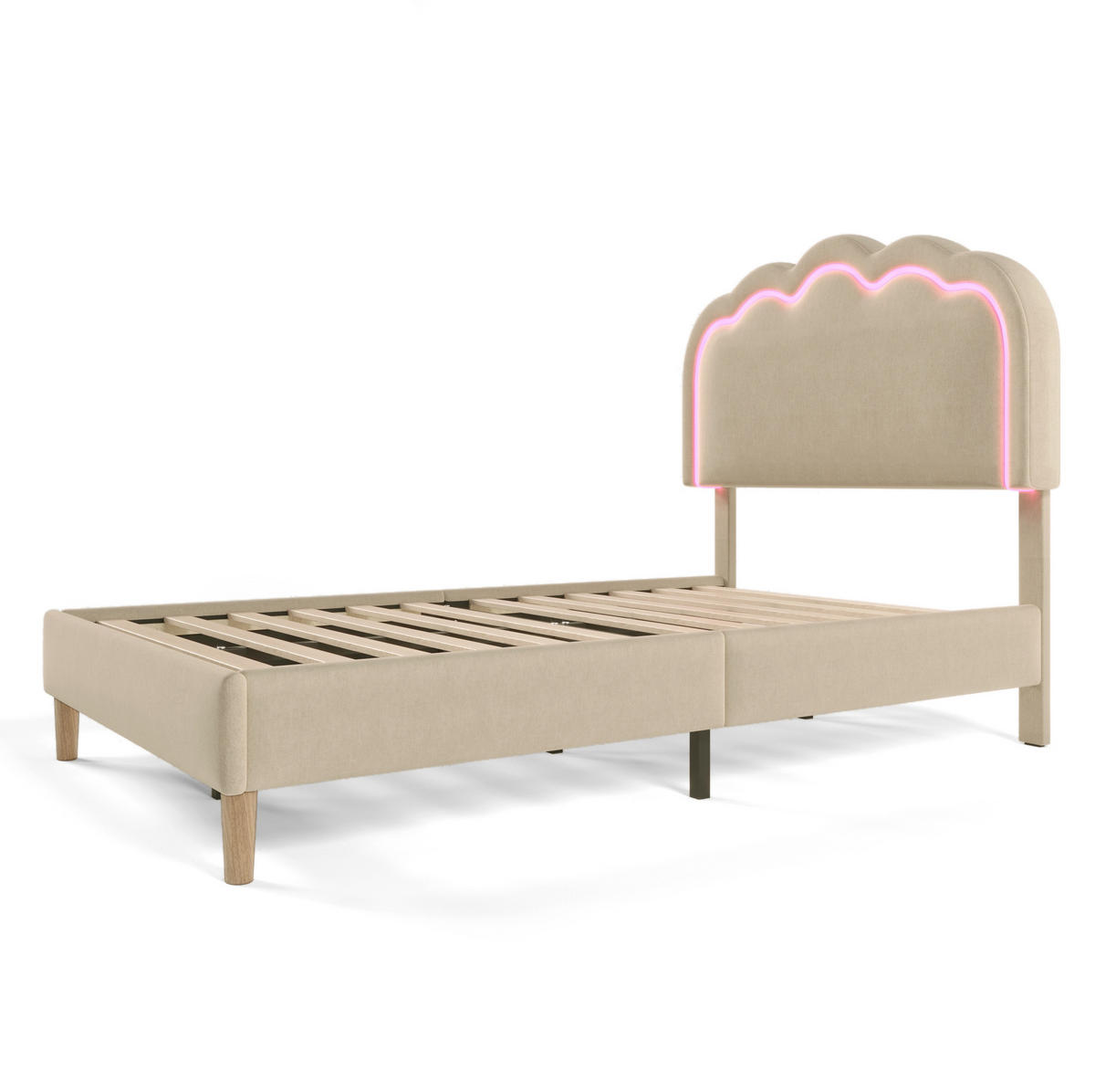 POLSTERBETT 90/200 cm beige mit LED und höhenverstellbarem Kopfteil - Beige, Textil (90/200cm) - OKWISH