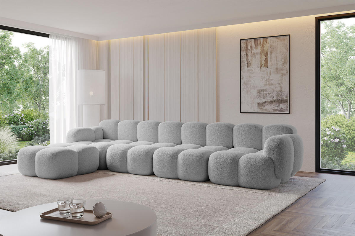 ECKSOFA modulares Sofa Links Miko-L3 390x205x75 Hellgrau Bouclé - Edelstahlfarben/Schwarz, Holzwerkstoff/Kunststoff (390/205cm) - ALTDECOR