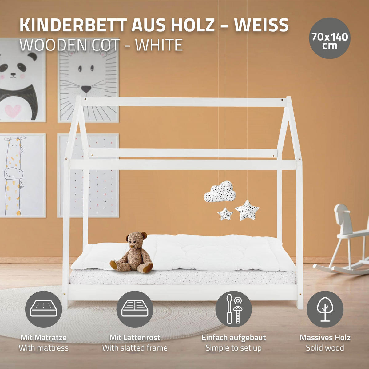 KINDERBETT mit Dach und Matratze 70x140 cm Weiß - Weiß, Holz (70/140cm) - ML-DESIGN