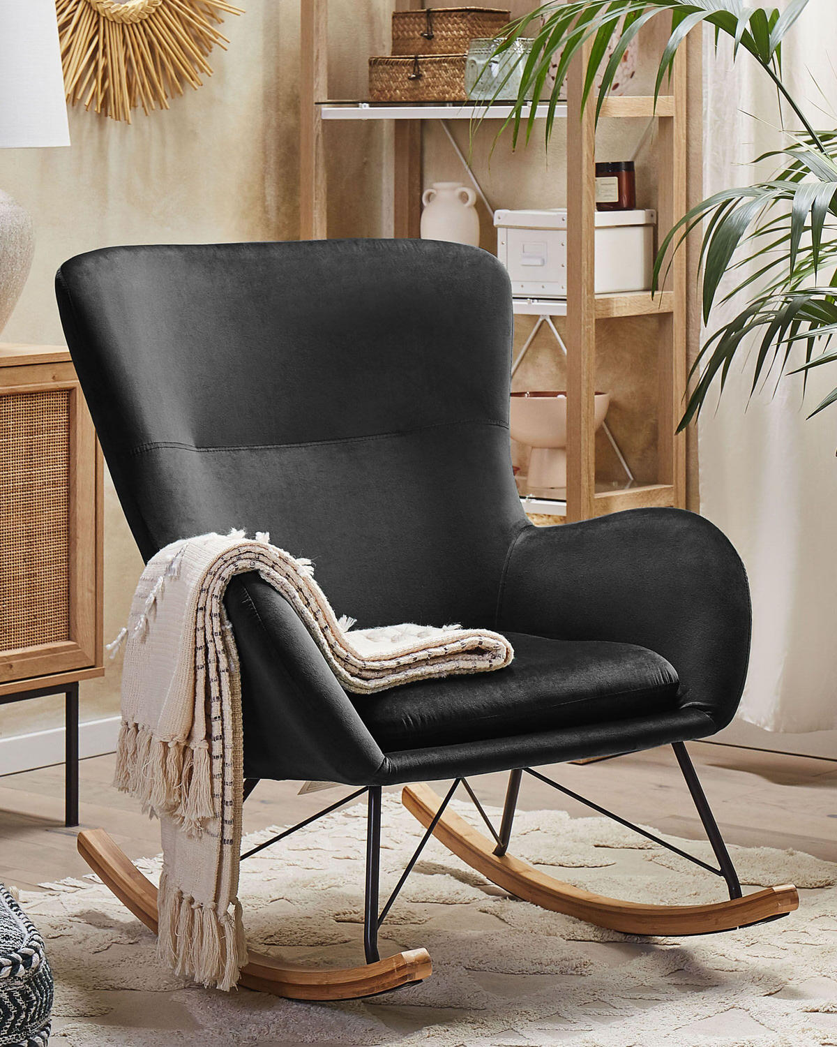 SCHAUKELSESSEL Samtstoff Schwarz Ellan - Hellbraun/Schwarz, Textil (71/97/90cm) - Beliani