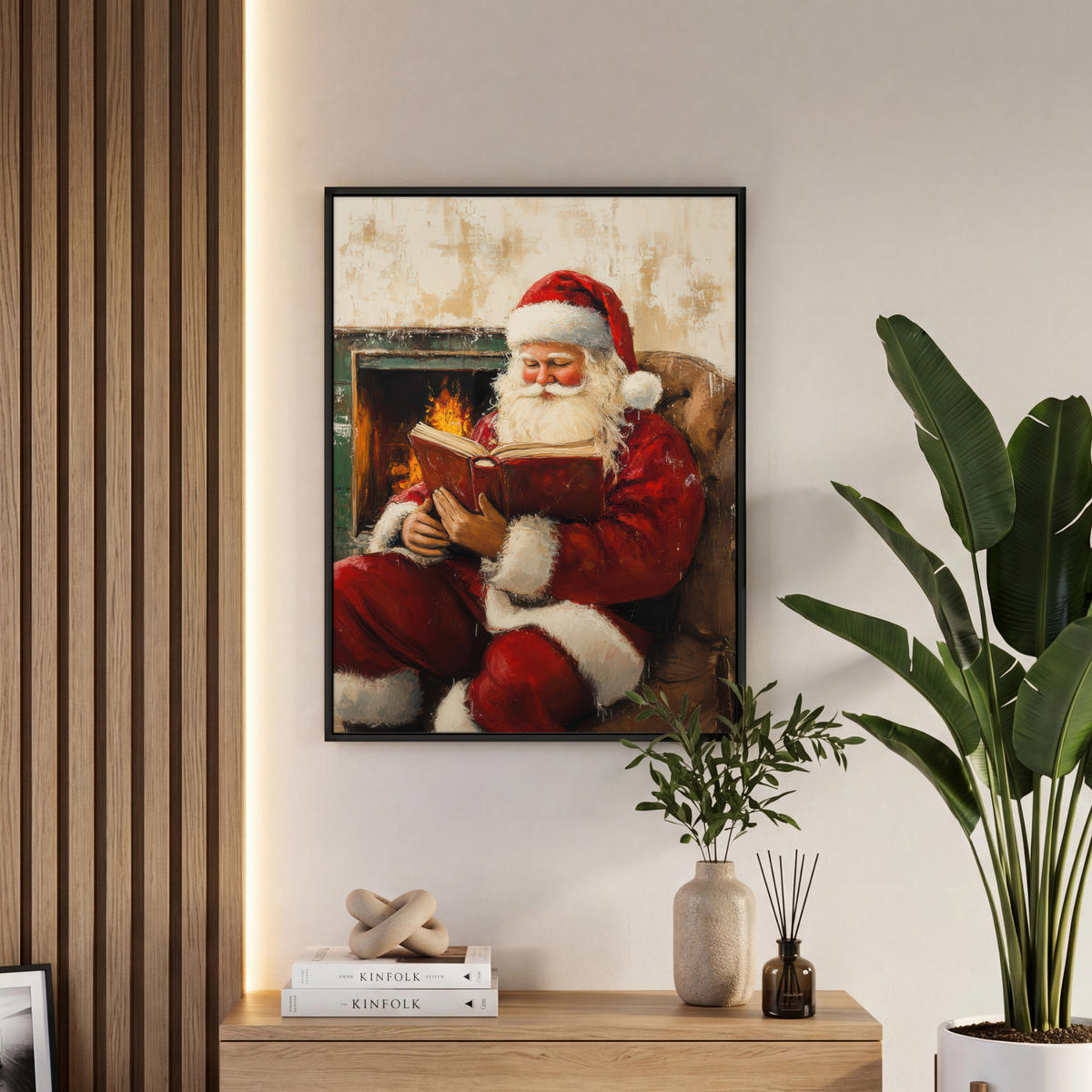 LEINWAND Bilder mit Rahmen - Weihnachten - Weihnachtsmann - Winter - Open Fireside - 60x80 - Dunkelrot, Textil (60/80cm) - MuchoWow