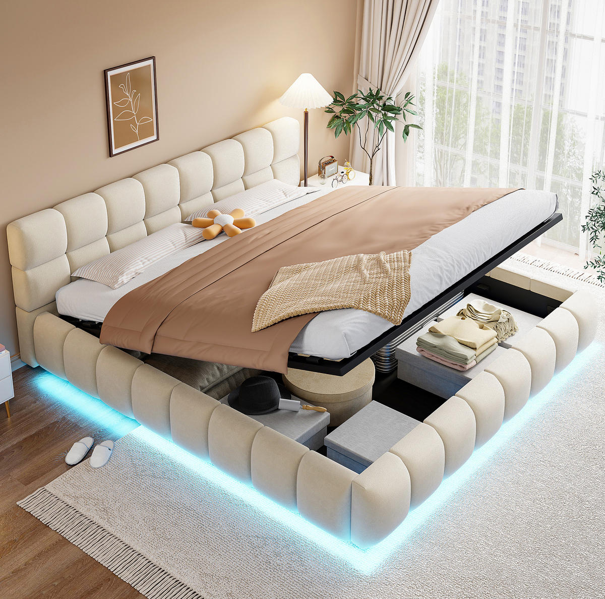 POLSTERBETT mit Stauraum und LED 180x200 cm Samt Beige - Beige, Metall (180/200cm) - Meubliv