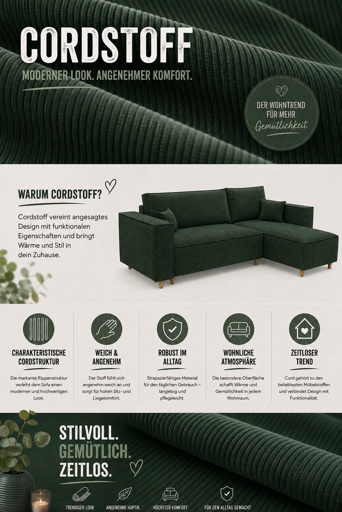 ECKSOFA mit Schlaffunktion und Bettkasten Rio, Ecksofa Cordstoff Grün, Ottomane Universal, 249x142 cm - Grün, Textil (249/142cm) - Marpur