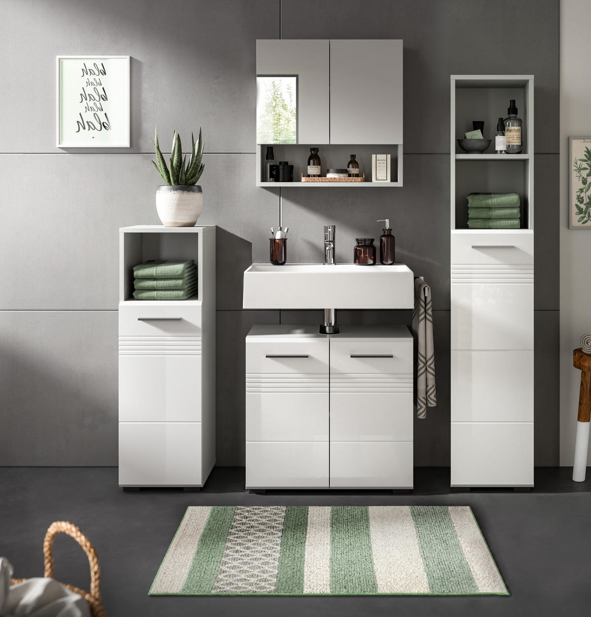 BADKOMMODE weiß Hochglanz, grau 30 cm, Badschrank mit Soft-Close - Weiß Hochglanz/Silberfarben, Holzwerkstoff/Kunststoff (30/95/30cm) - Inn.Furn