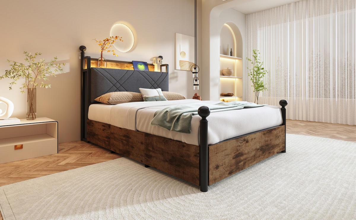 METALLBETT 90x190 cm LED USB Stauraum - Schwarz, Metall (90/190cm) - LEBENLANG