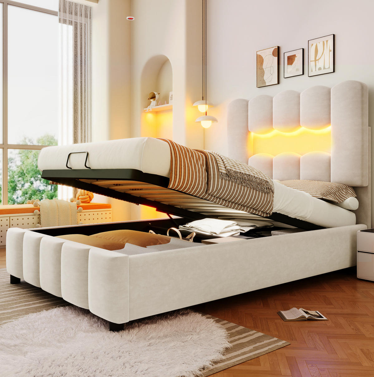 POLSTERBETT 90/200 cm mit LED-Beleuchtung, hydraulischem Bettkasten und verstellbarem Kopfteil, Beige - Beige, Textil (90/200cm) - Redom