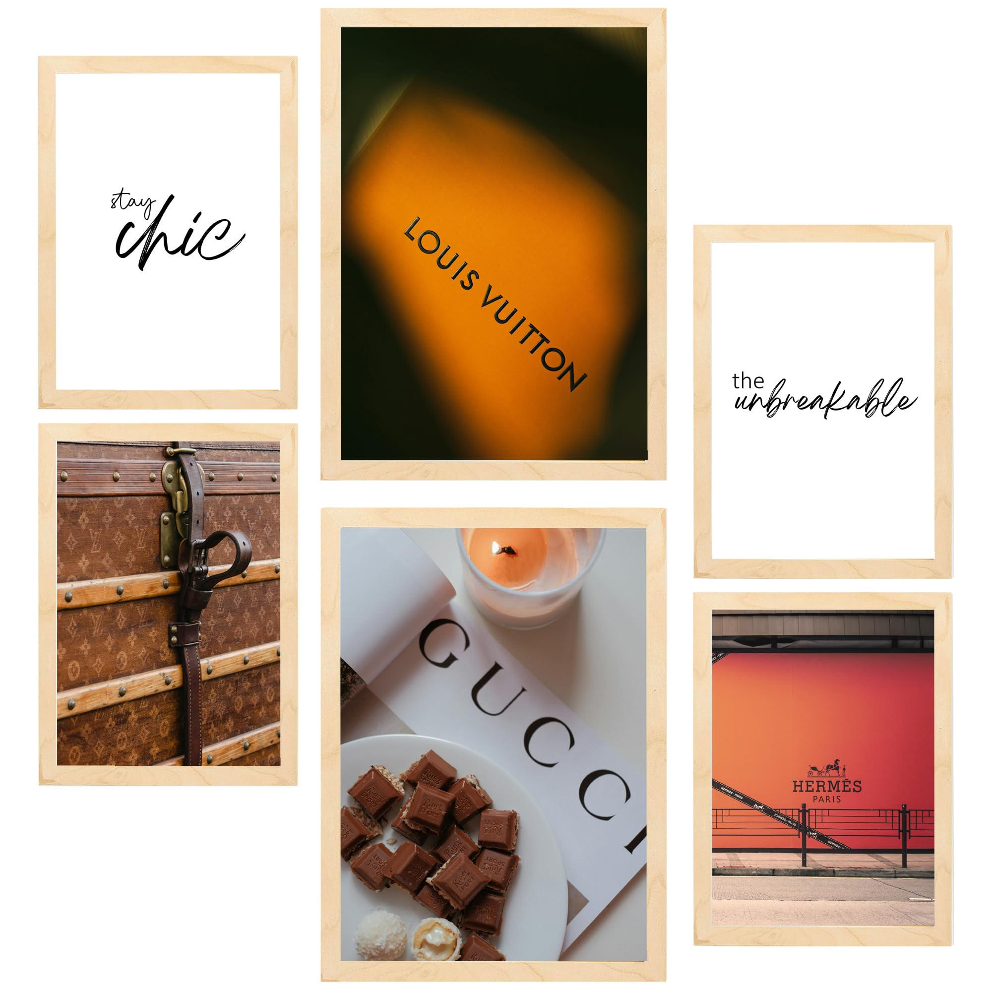 POSTER Set Mit 6 Modemarken A3 & A4 Rahmen Aus Hellem Holz - Beige, Papier (29/3cm) - Nacnic