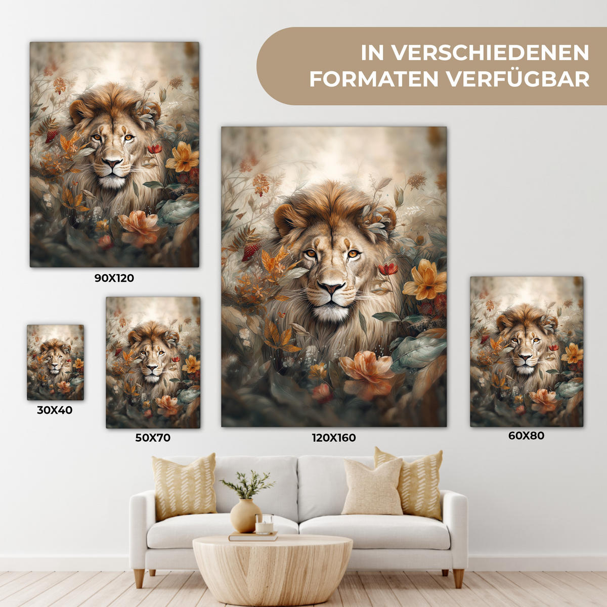 LEINWANDBILD Löwe - Wildtiere - Pflanzen - Natur - Blumen 30x40 cm - Beige, Textil (30/40cm) - MuchoWow