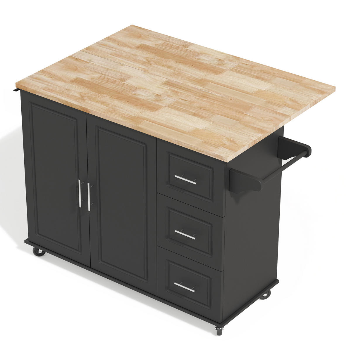 KÜCHENINSEL 137x76x92cm Schwarz mit Klappplatte, Schrank, 3 Schubladen & Rollen - Schwarz, Holzwerkstoff (137/92/76cm) - Modfu