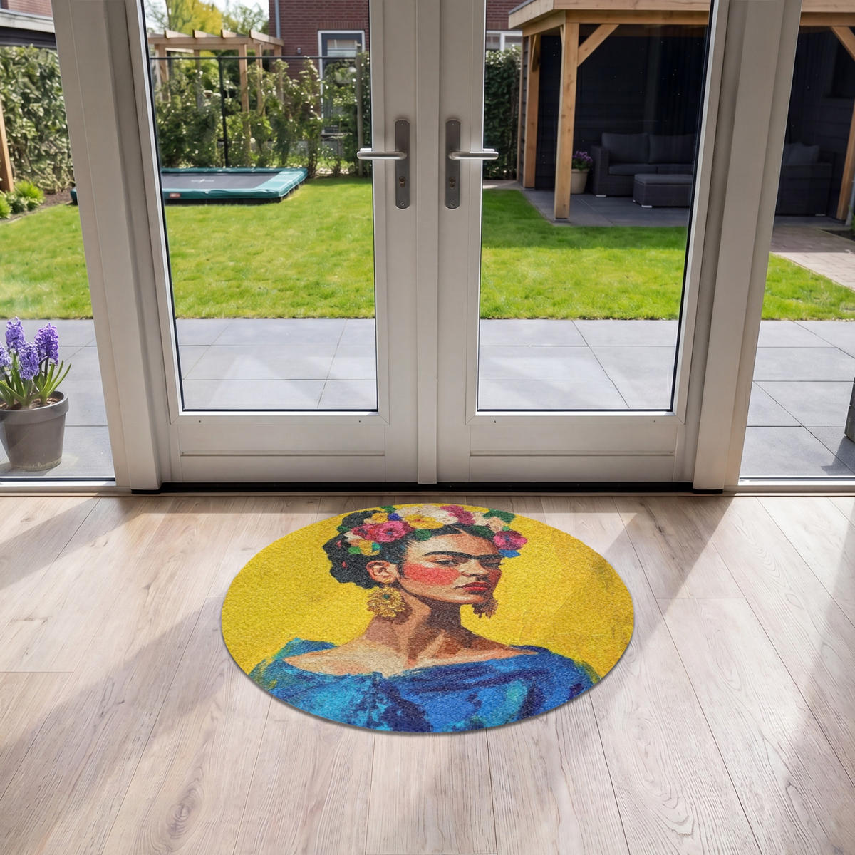 ROHOŽKA Frida Kahlo - Žena - Žlutá - Modrá - Květiny 90x90 cm - žlutá, textil/umělá hmota (90/0.4cm) - MuchoWow