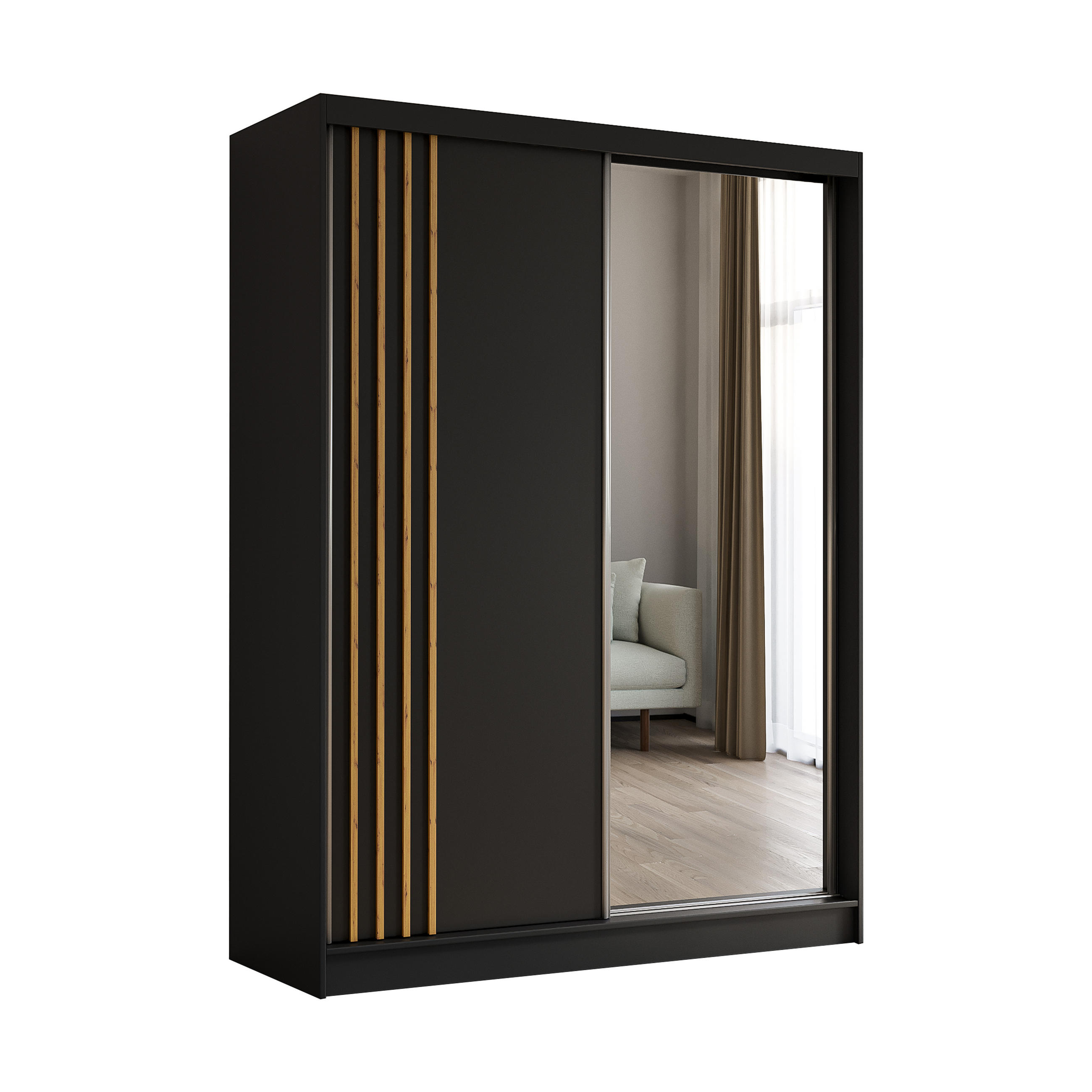 KLEIDERSCHRANK mit Spiegel-Schiebetüren und Aluminium-Leisten, LED-Beleuchtung - NALLA - 160 cm Schwarz+Schwarz+Artisan - Anthrazit/Eiche Artisan, Holzwerkstoff (160/216/61cm) - ALTDECOR