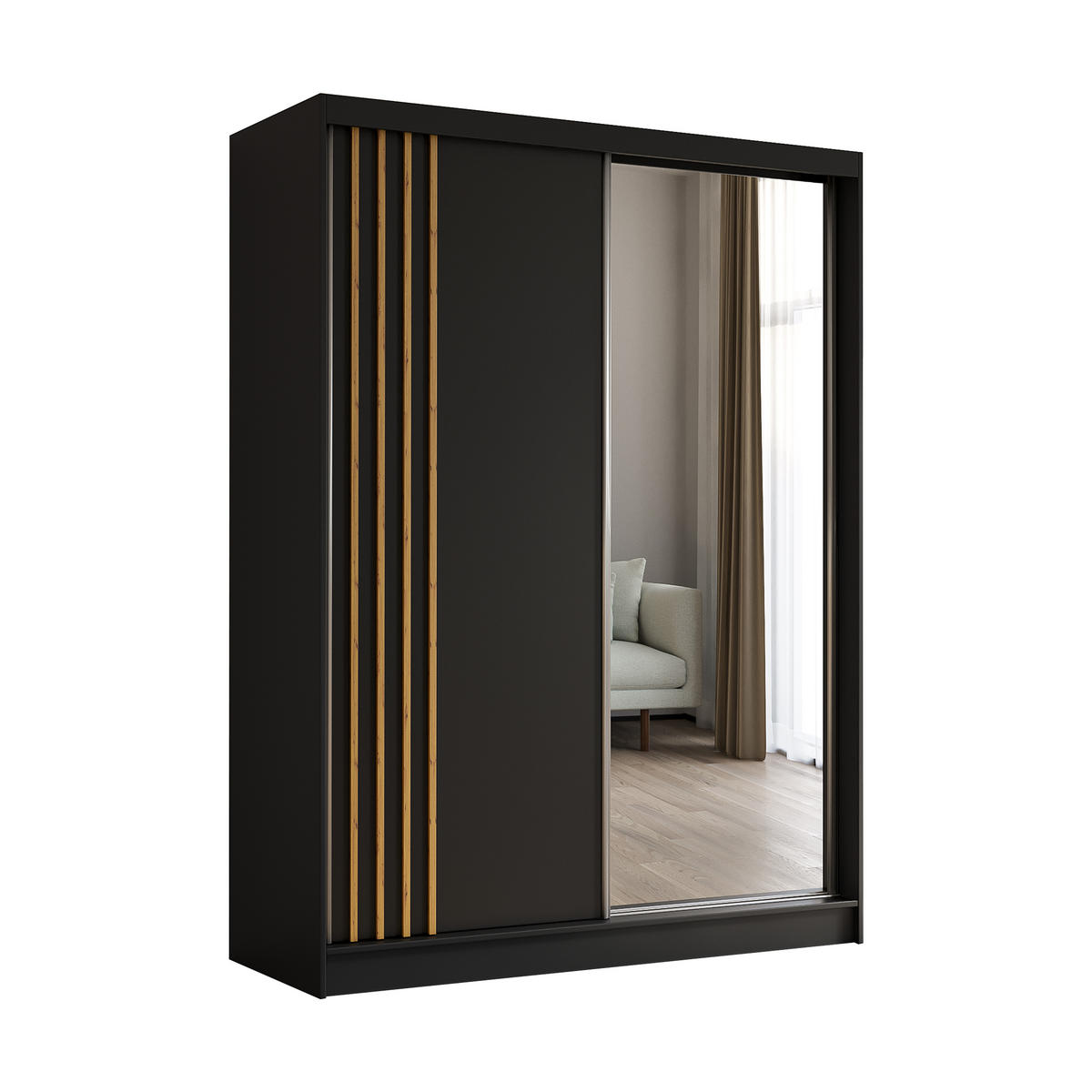 KLEIDERSCHRANK mit Spiegel-Schiebetüren und Aluminium-Leisten, LED-Beleuchtung - NALLA - 160 cm Schwarz+Schwarz+Artisan - Anthrazit/Eiche Artisan, Holzwerkstoff (160/216/61cm) - ALTDECOR