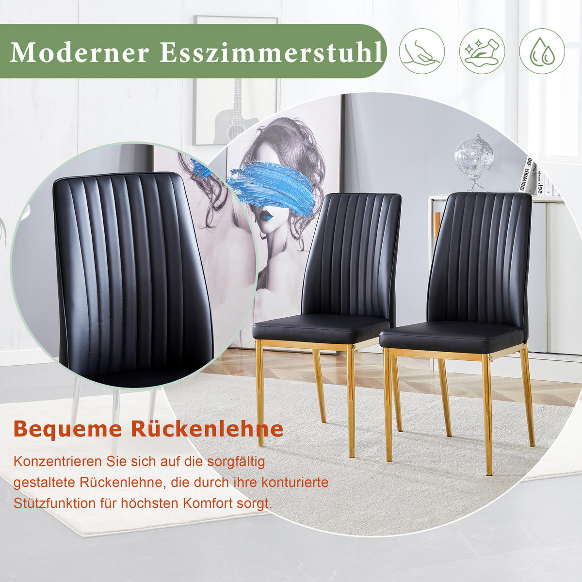 STUHL-SET DE-36495 4 Stück mit PU-Bezug und Metallbeinen Schwarz - Schwarz, Metall (42.5/92.5/43cm) - ComfortXL