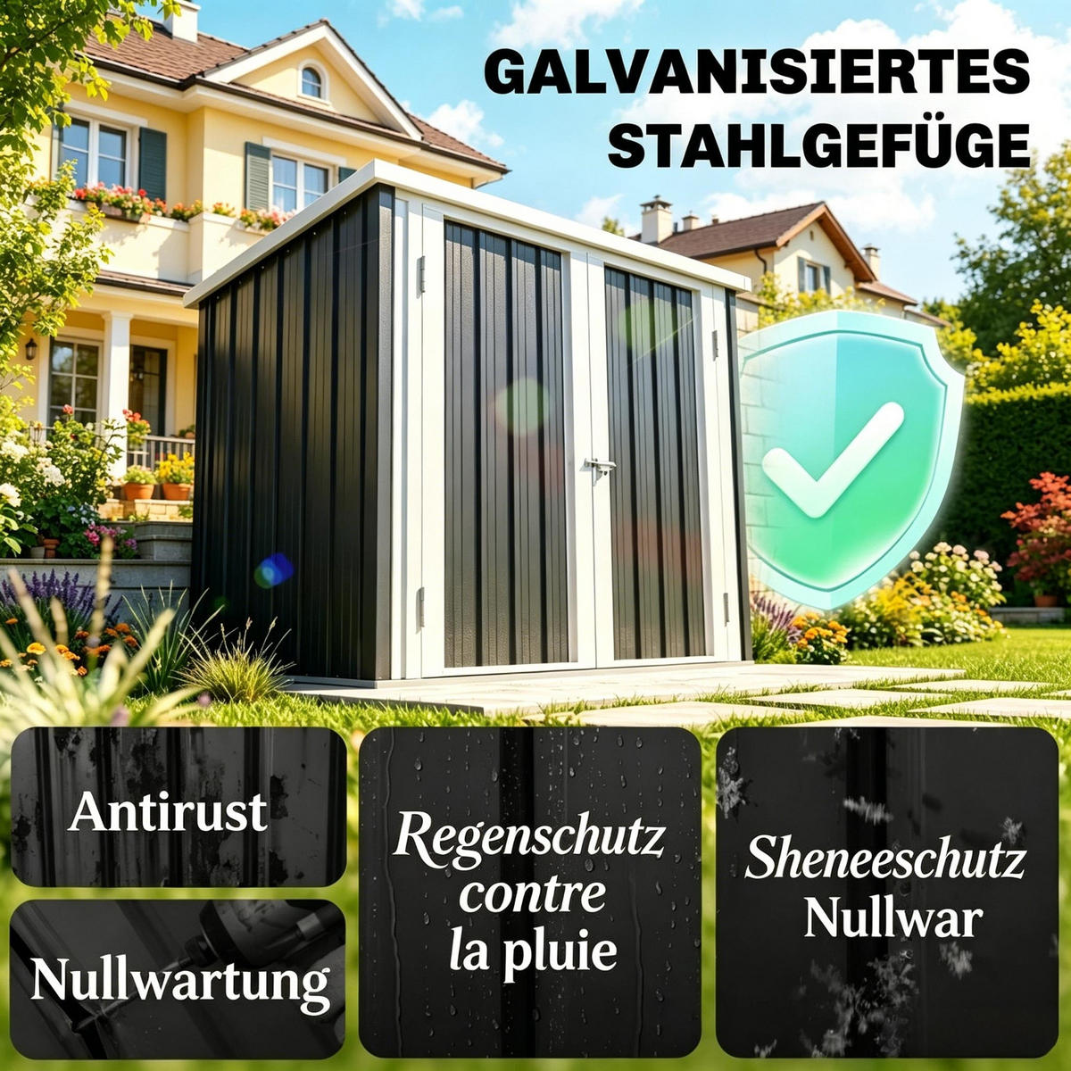 GERÄTEHAUS 147/86/134 cm mit Grau 2 Türen, Boden nicht enthalten - Schwarz, Metall (86/134/147cm) - Oxeza