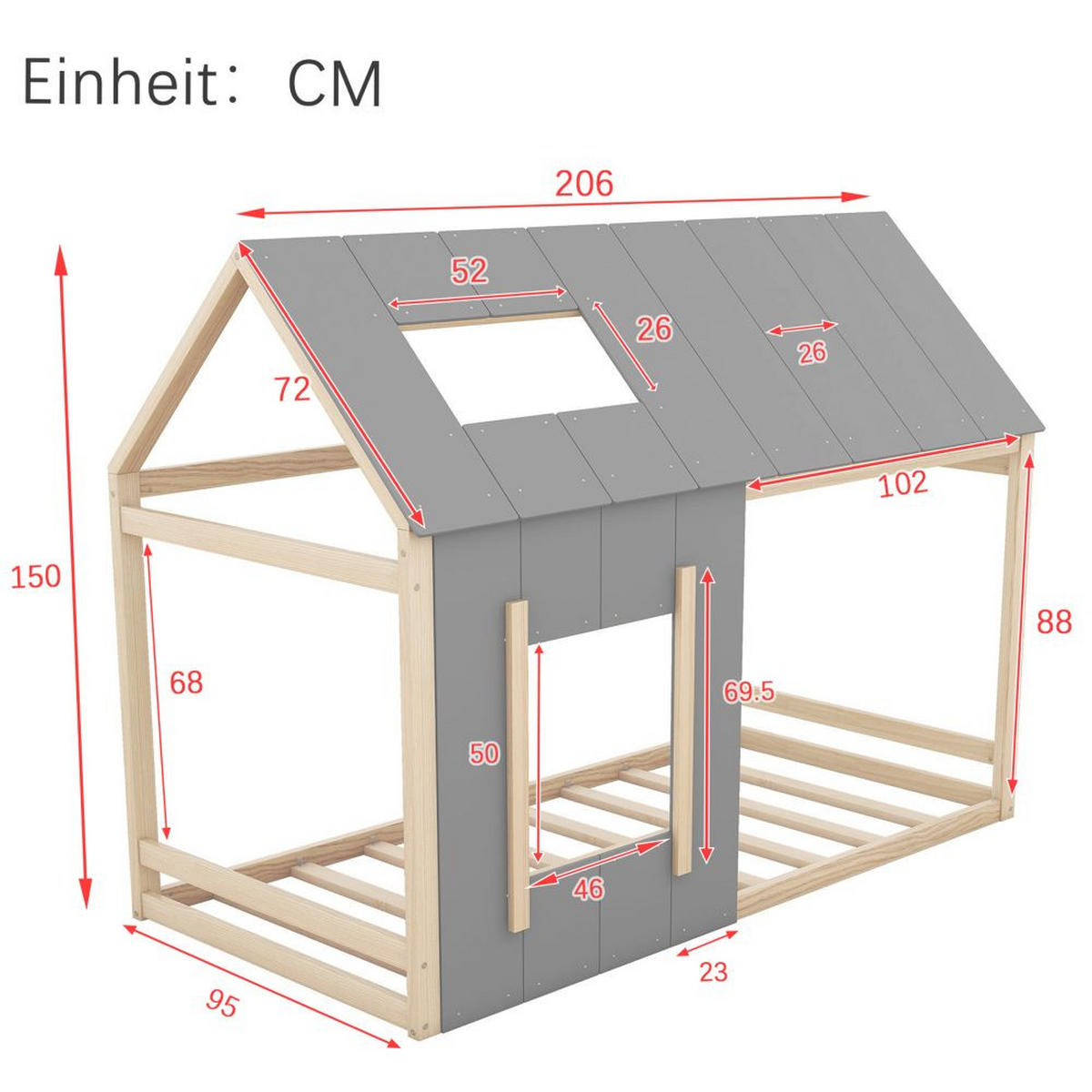 HAUSBETT 90/200 cm in Natur und Grau mit Fenster - Kieferfarben, Holz (90/200cm) - KOMHTOM