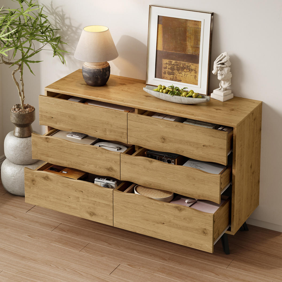 SIDEBOARD mit 6 Schubladen, Holzoptik mit wellenförmigen Fronten und schwarzen Metallfüßen, 120/40/75,5 cm,Naturfarben - Naturfarben, Holzwerkstoff (120/75.5/40cm) - Redom