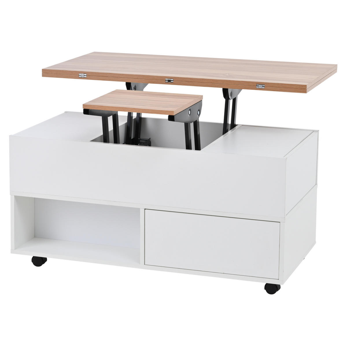 COUCHTISCH höhenverstellbar 100 x 50 cm Weiß/Holzfarbe mit 4 Schubladen - Weiß, Holzwerkstoff (100/50/52cm) - Meubliv