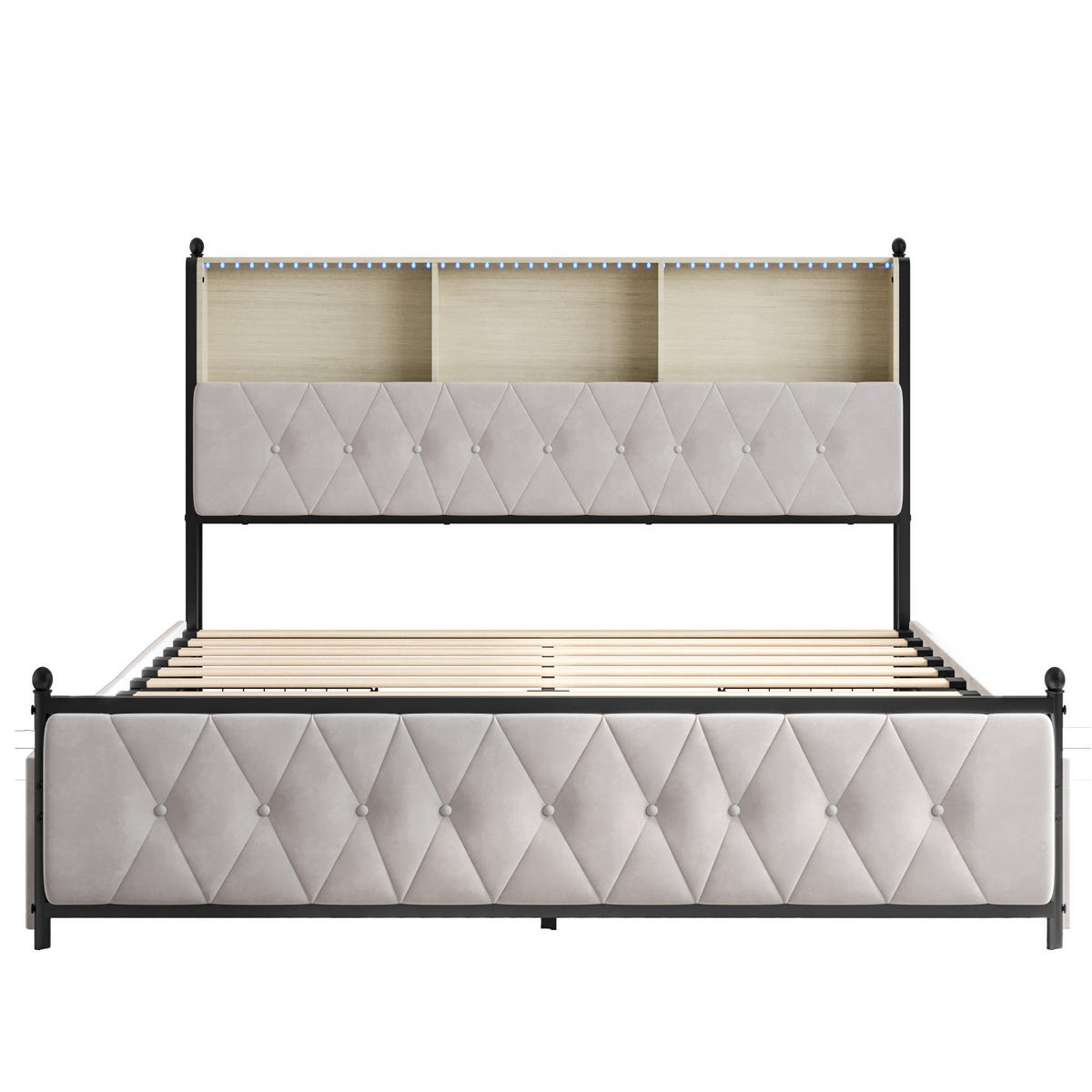 POLSTERBETT 140x200 cm, Beige, LED-Beleuchtung und USB-Typ-C, Samt - Beige, Textil/Metall (140/200cm)