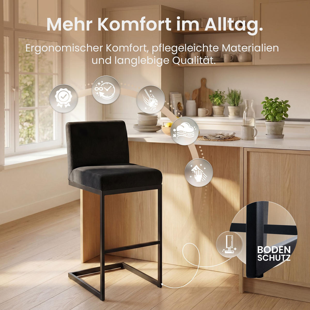 BARHOCKER Samt Schwarz - Schwarz, Textil/Metall (43/104/53cm) - CLP