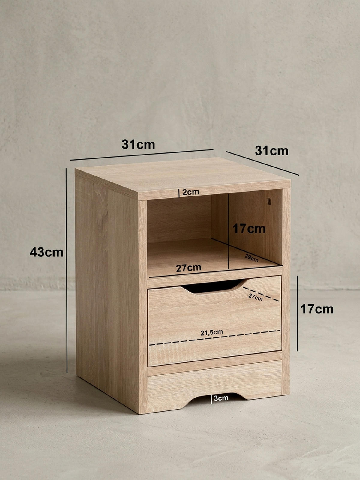 NACHTTISCH Modern Schublade Ablage Kratzfest ILM, Beige 31x31x43 cm - Beige, Holz (31/43/31cm) - KADIMA DESIGN
