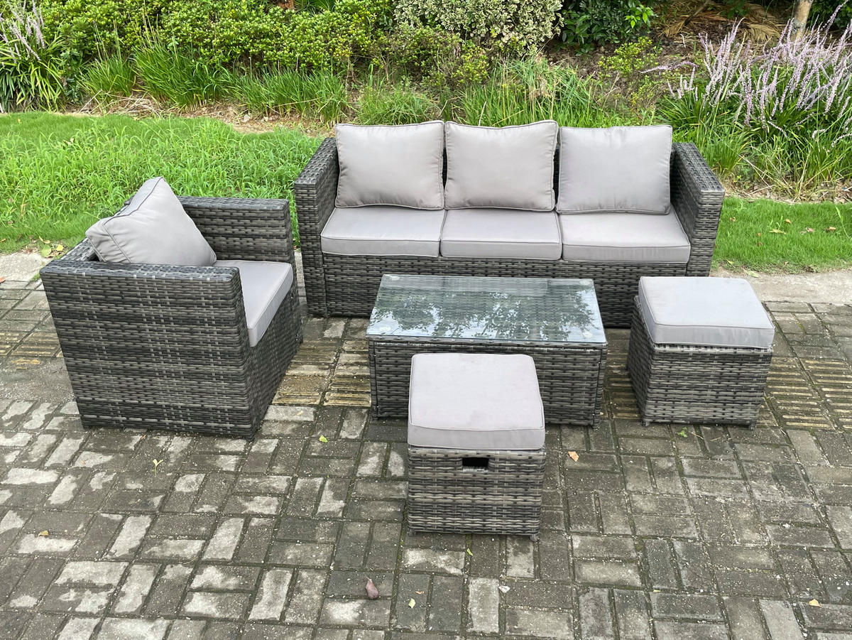 GARTENSOFA SET Polyrattan Dunkelgrau 6-Sitzer - Dunkelgrau, Metall - Fimous