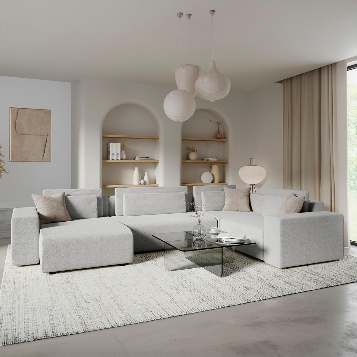 PANORAMASOFA Lorenzo 5 Sitzplätze Hellgrau - Grau, Holz (378/85/236cm) - Petits-meubles