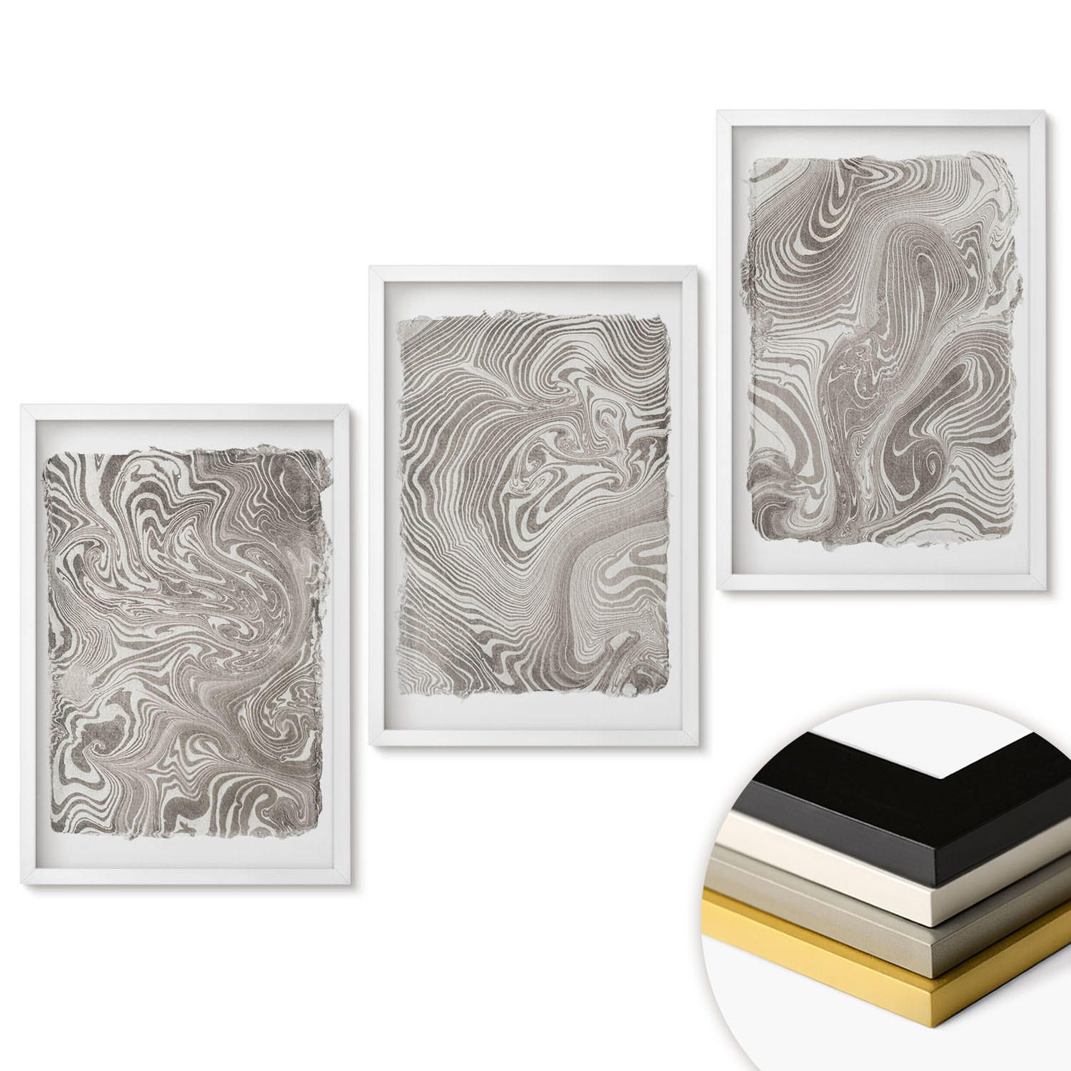 WANDBILDER 3er-Set - 40x60 cm Weißer Rahmen - Moderne Formen Malerei - Weiß, Kunststoff (40/60cm) - ArtPrintCave