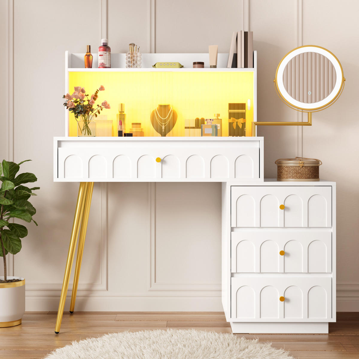 SCHMINKTISCH aus MDF und Spanplatte 34,5x112x116 cm Weiß mit LED-Spiegel, Glasschiebetüren und 4 Schubladen - Weiß, Holzwerkstoff (112/116/34.5cm) - Modfu