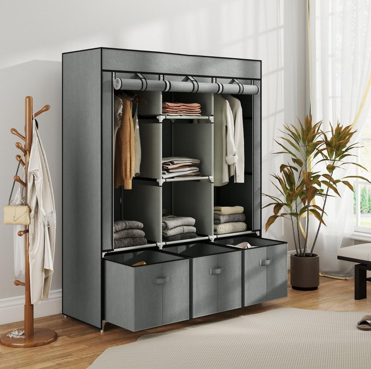 KLEIDERSCHRANK 125/43/162,5 cm mit 3 Schubladen und 2 Kleiderstangen in Hellgrau - Hellgrau, Metall (125/162.5/43cm) - BEAOK