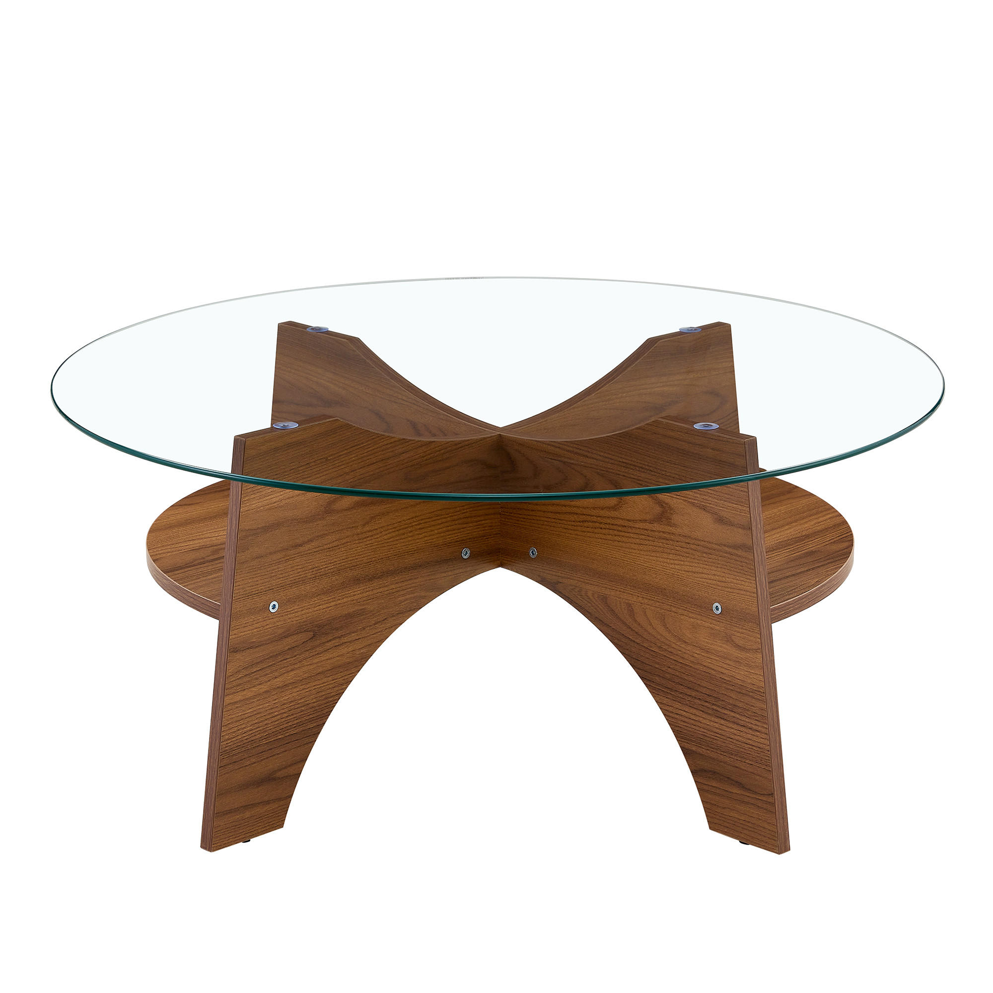 COUCHTISCH Sicherheitsglas rund MDF Gestell Nussbaumoptik stabil Ø80/36 cm modern - Transparent/Walnussfarben, Glas/Holzwerkstoff (80/80/36cm) - EVRYAE