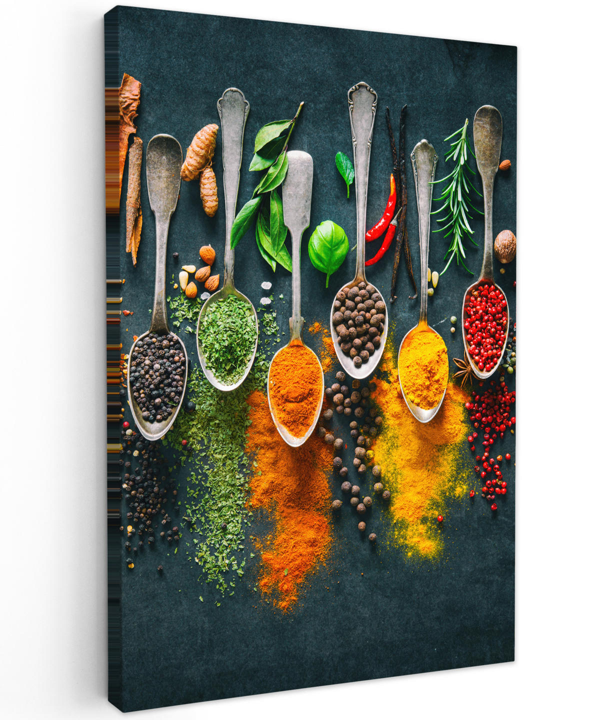 LEINWANDBILD Kräuter - Gewürze - Löffel - Küche 80x120 cm - Currygelb, Textil (80/120cm) - MuchoWow