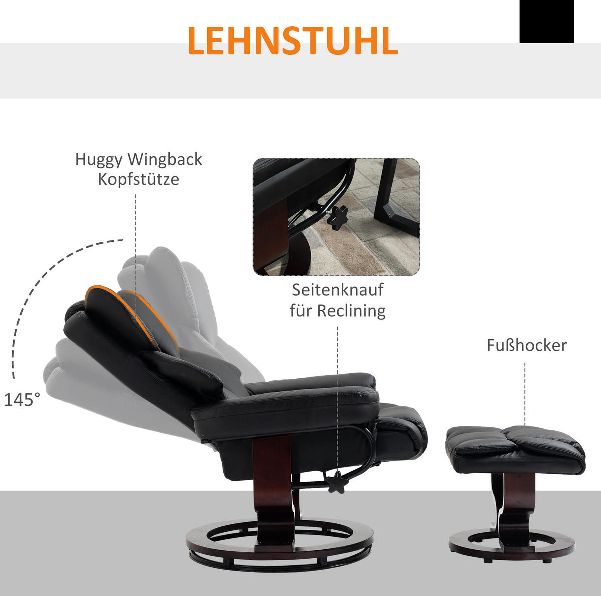RELAXSESSEL-SET mit Hocker Kunstleder, 360° drehbar 80/79/100 cm Schwarz - Schwarz, Metall (79/100/80cm) - Redom