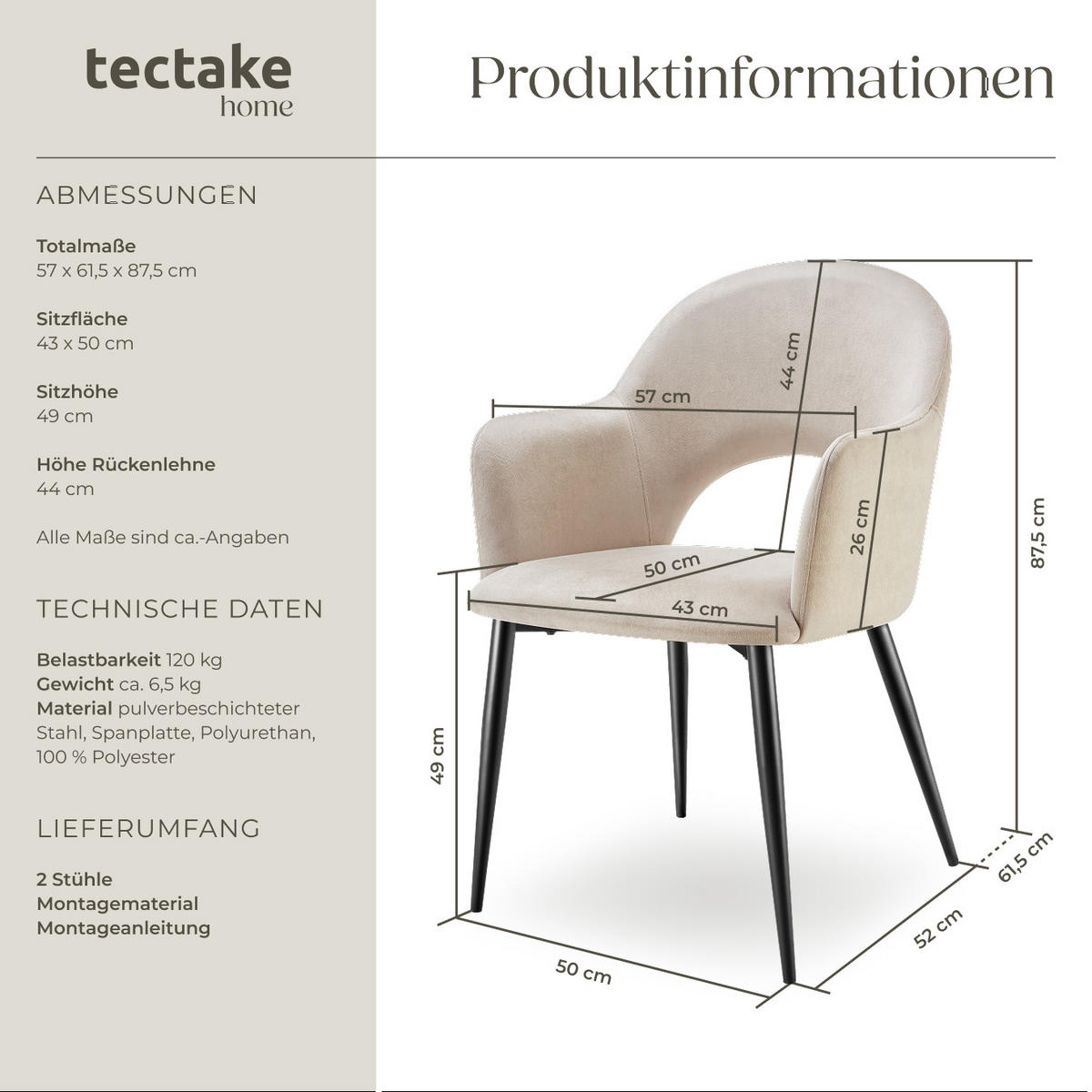 ARMLEHNSTUHL 2er Set Sachel 57 x 61 5 x 87 5 cm creme - Creme, Kunststoff (57/87.5/61.5cm) - tectake