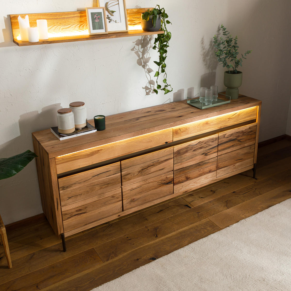 SIDEBOARD Wild-/Zerreiche 202x47x80 natur geölt MONTREUX LUX #101 - Naturfarben, Holz (202/80/47cm) - Massivmoebel24