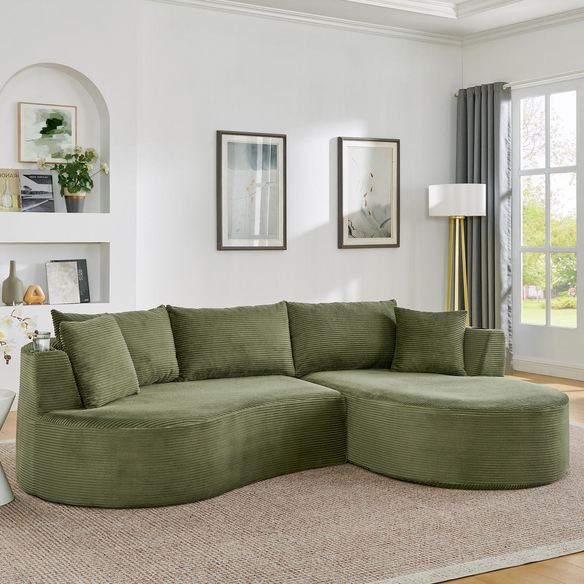 3-SITZER Sofa mit Getränkehaltern, bogenförmigem Design und Kissen, Grün - Grün, Kunststoff (264/76/168cm) - Redom