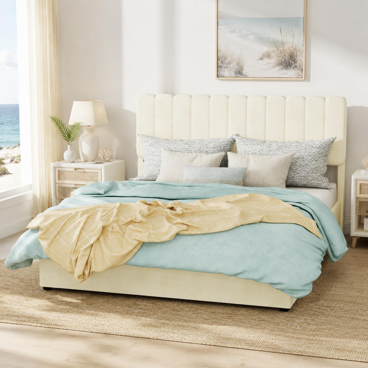 POLSTERBETT 140/200 mit hydraulischem Bettkasten und gepolstertem Kopfteil aus Holland-Samt in Beige - Beige, Holzwerkstoff/Textil (140/200cm) - EVRYAE
