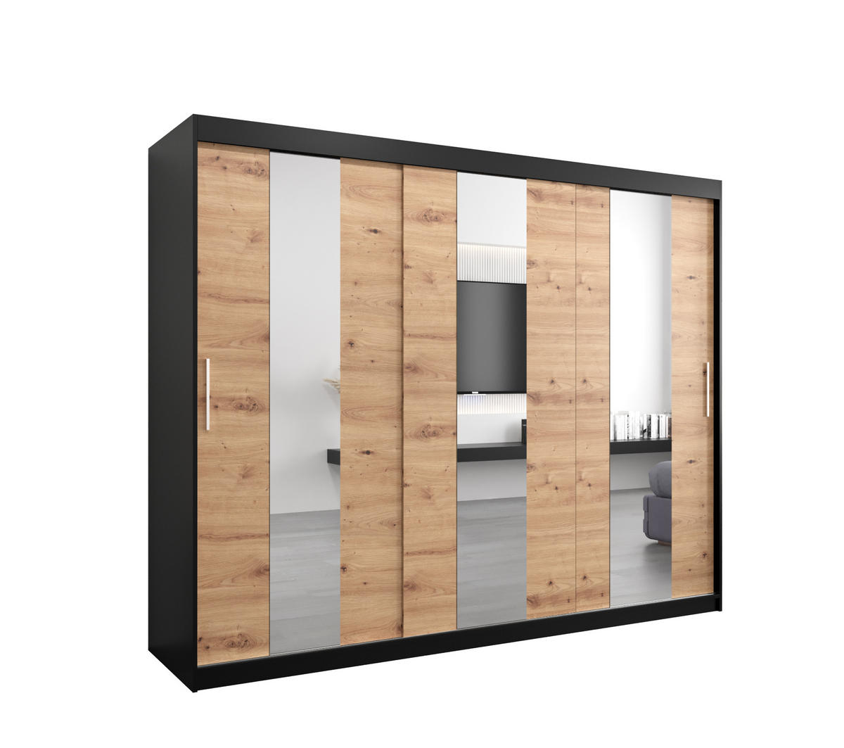 SCHWEBETÜRENSCHRANK 200/250/62 2-türig - Silberfarben/Schwarz, Holz/Kunststoff (250/200/62cm) - Abiks Möbel
