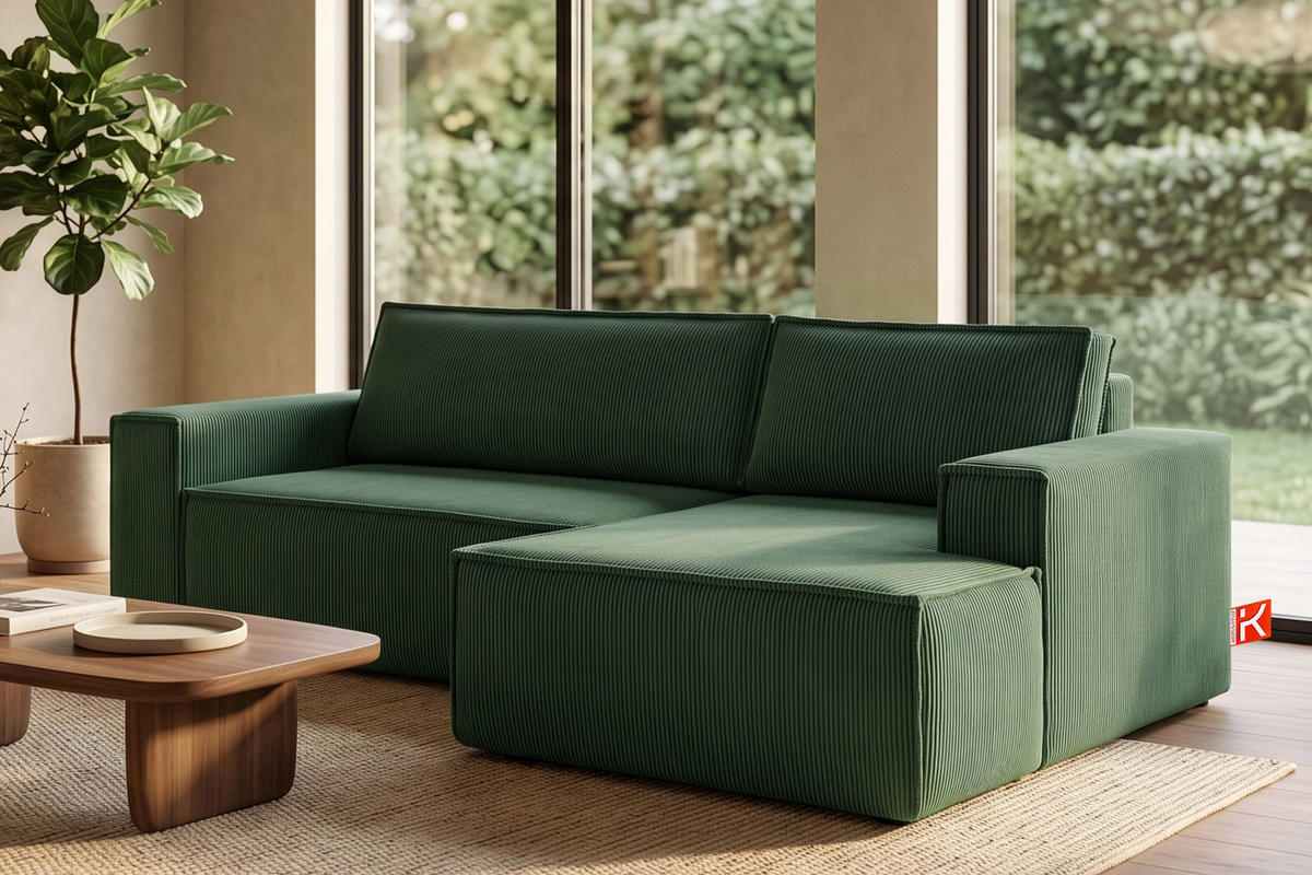 ECKSCHLAFSOFA-RECHTS NAPI in Pet Friendly Cord-Stoff, dunkelgrün - Dunkelgrün/Schwarz, Textil (262/148cm) - KONSIMO®